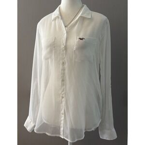 Hollister Sheer White Blouse XS White Logo Pockets Fairy Party Casual